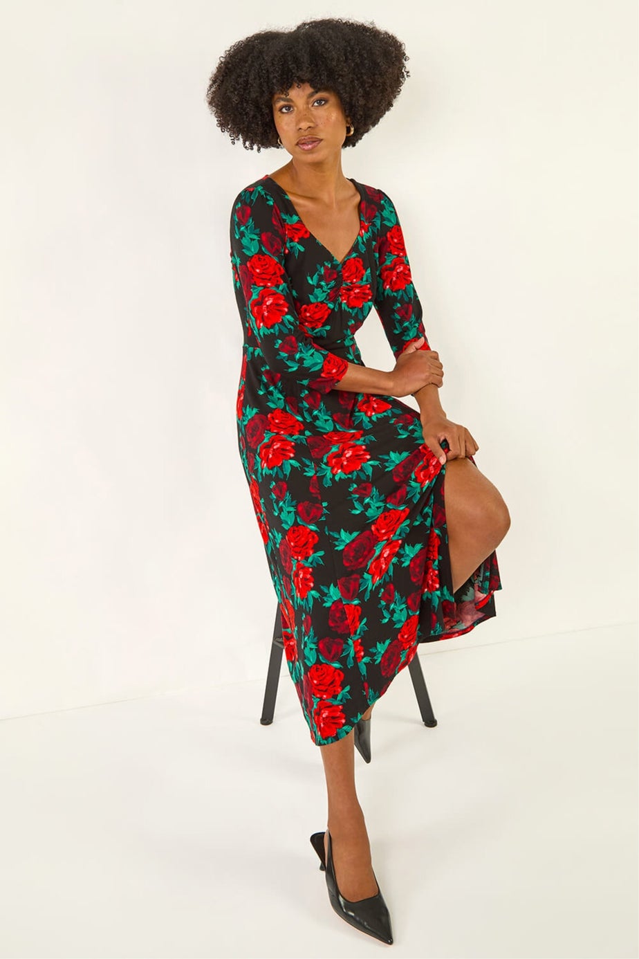 Roman Red Rose Ruched Midi Dress