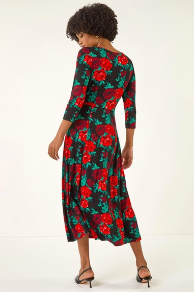 Roman Red Rose Ruched Midi Dress