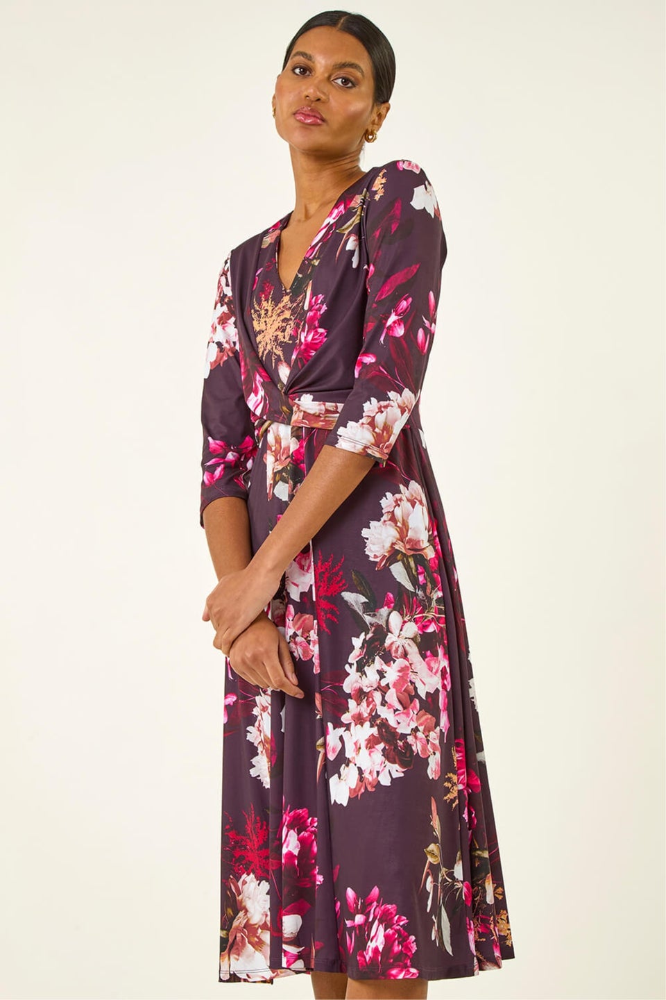 Roman Wine Floral Crossover Stretch Midi Dress