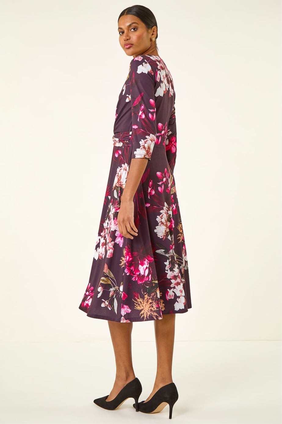 Roman Wine Floral Crossover Stretch Midi Dress