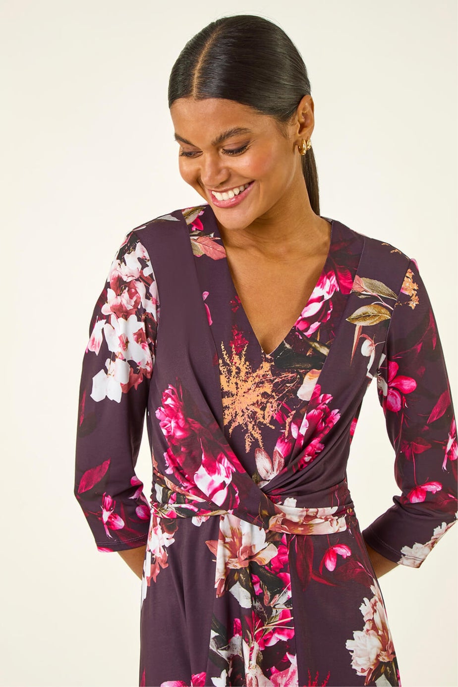 Roman Wine Floral Crossover Stretch Midi Dress