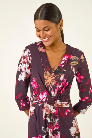 Roman Wine Floral Crossover Stretch Midi Dress