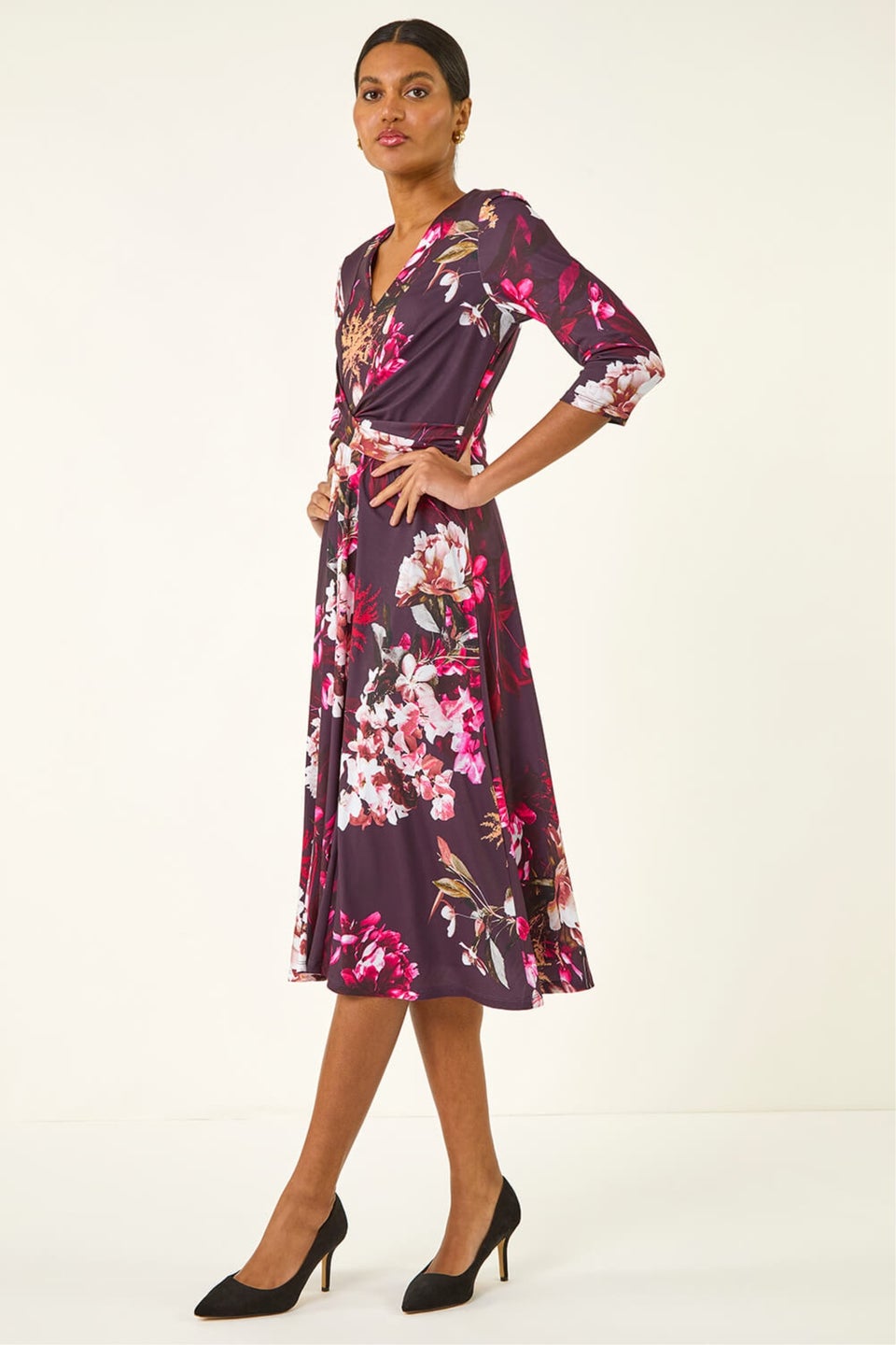 Roman Wine Floral Crossover Stretch Midi Dress