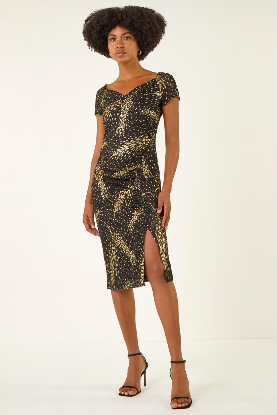 Roman Black Foil Print Lace Ruched Dress