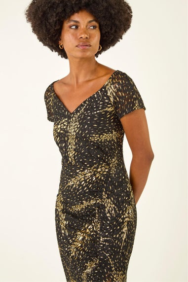 Roman Black Foil Print Lace Ruched Dress