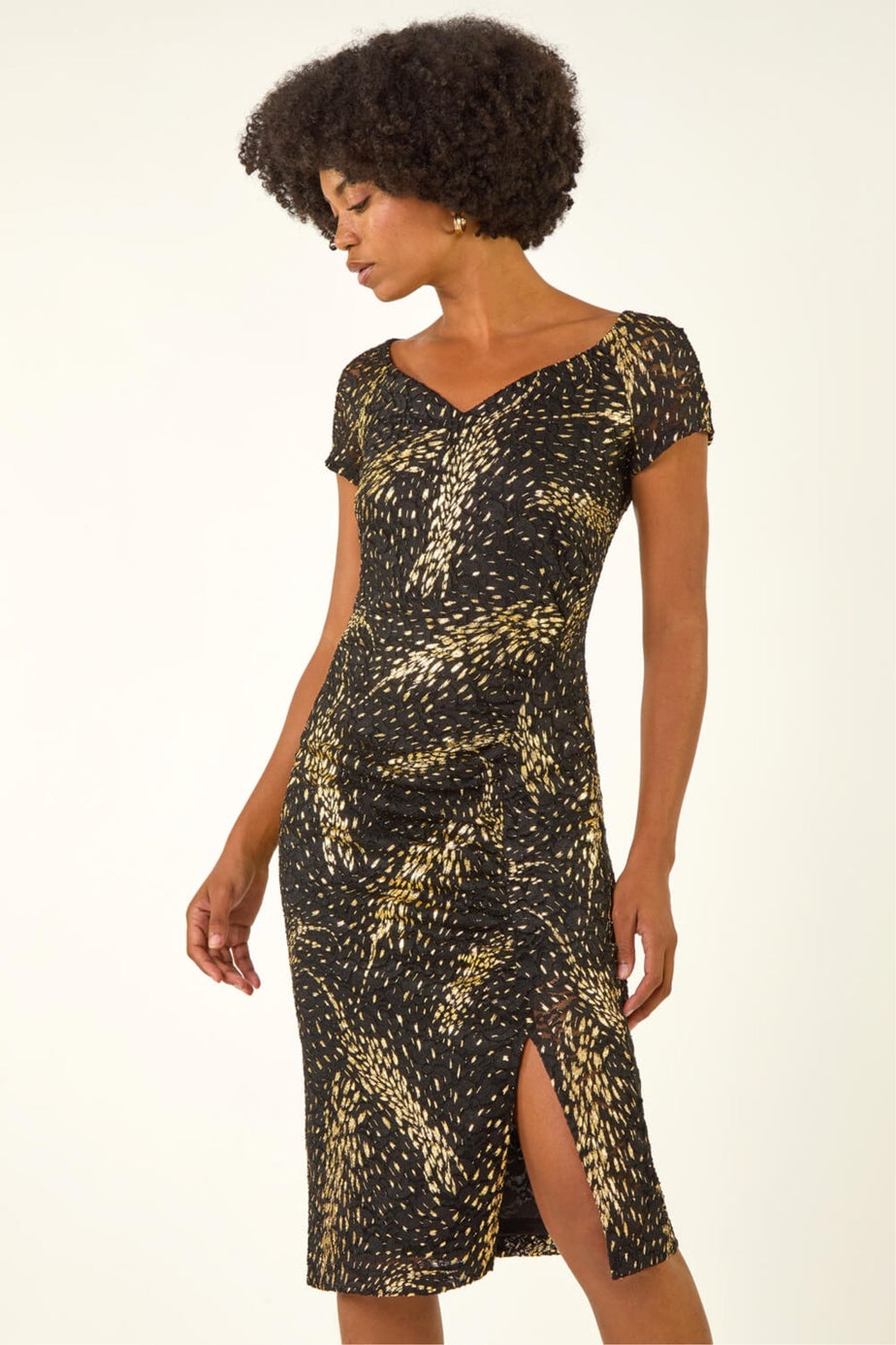 Roman Black Foil Print Lace Ruched Dress