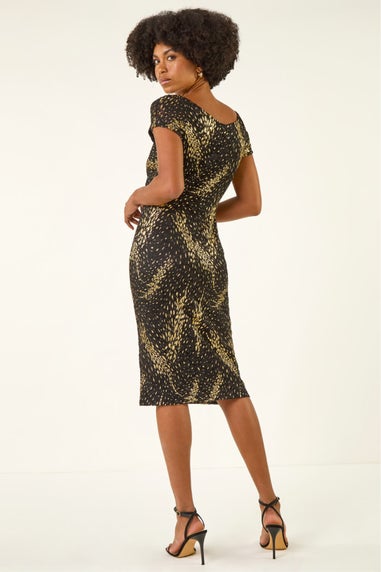 Roman Black Foil Print Lace Ruched Dress