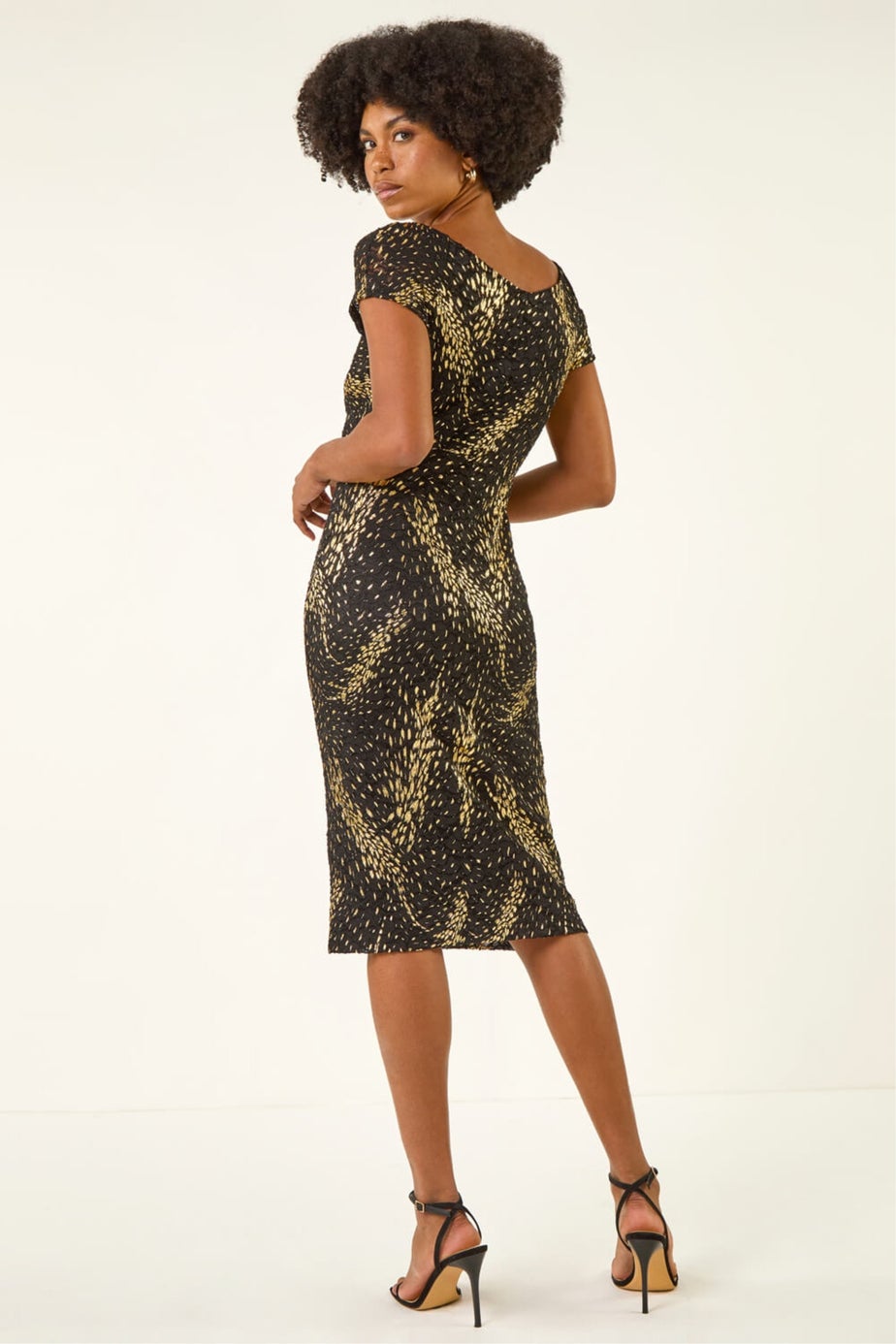 Roman Black Foil Print Lace Ruched Dress