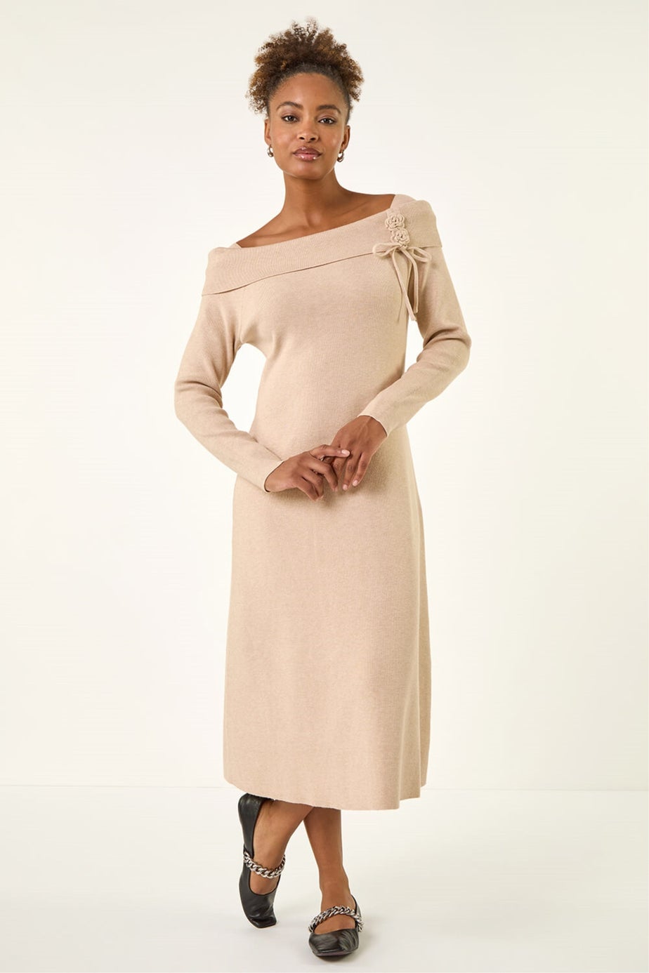 Roman Beige Floral Bardot Knit Midi Dress
