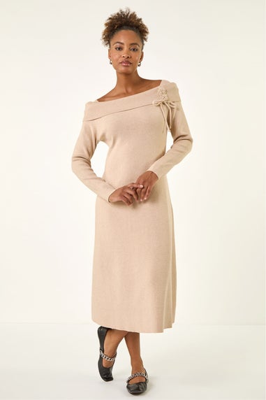 Roman Beige Floral Bardot Knit Midi Dress