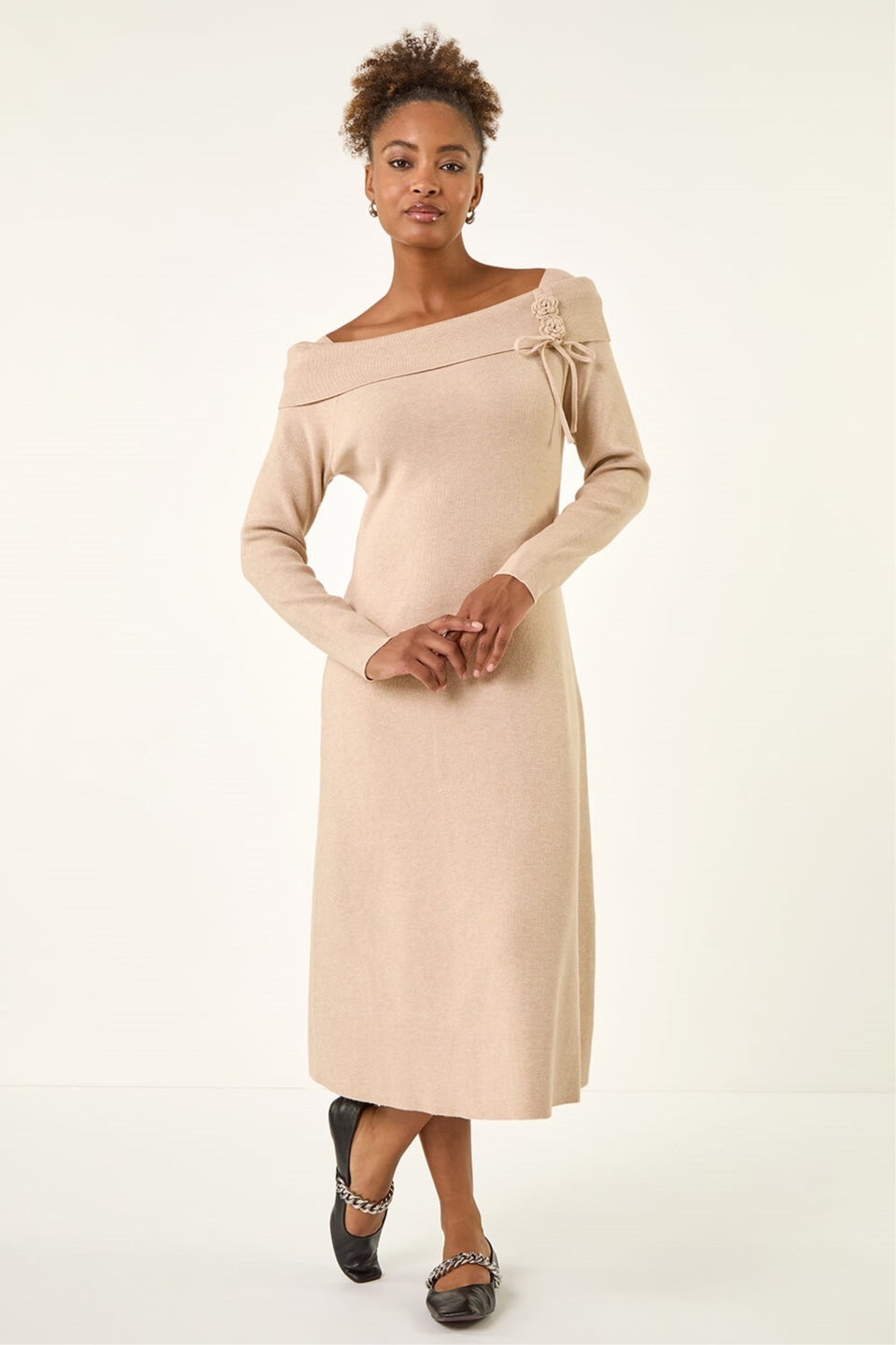 Roman Beige Floral Bardot Knit Midi Dress
