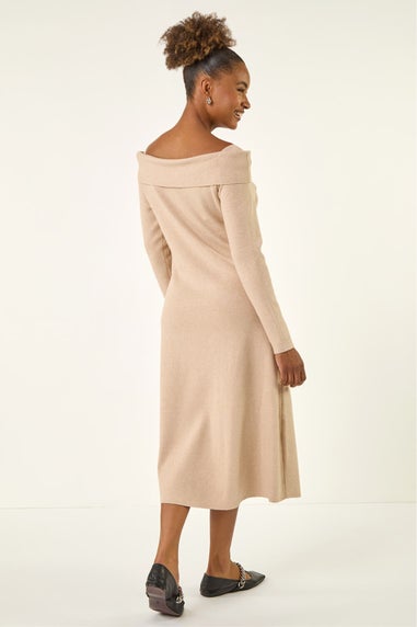 Roman Beige Floral Bardot Knit Midi Dress