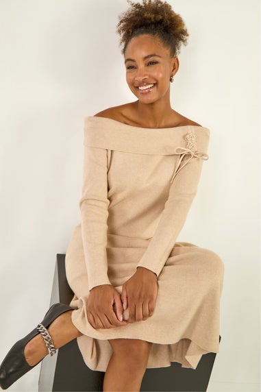 Roman Beige Floral Bardot Knit Midi Dress