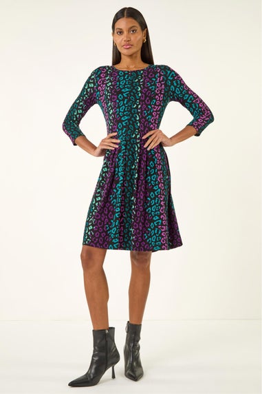 Roman Teal Animal Print Panel Stretch Dress