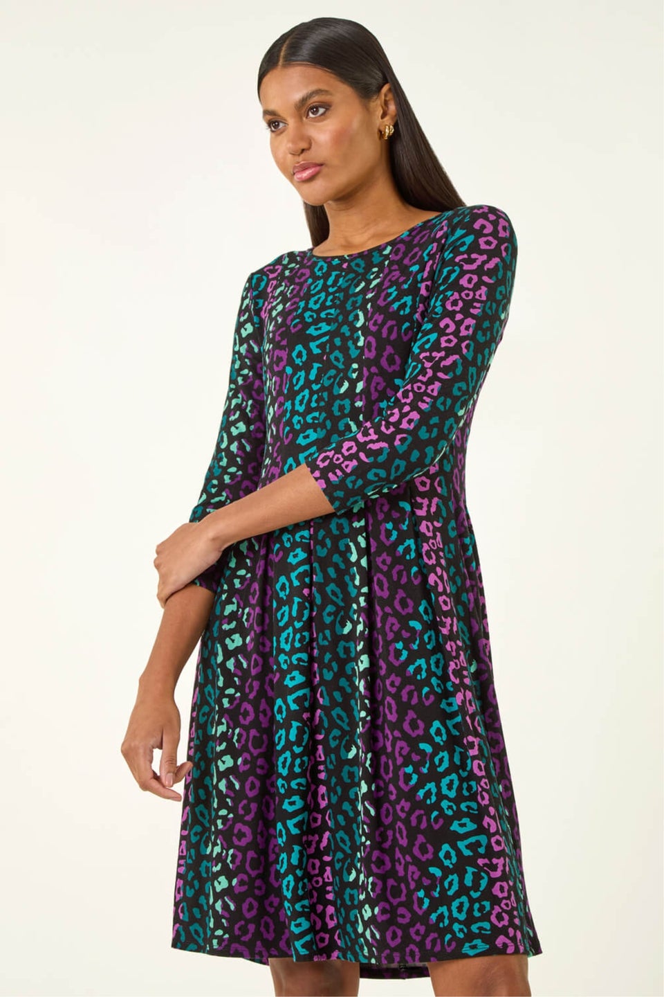 Roman Teal Animal Print Panel Stretch Dress