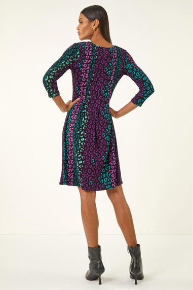 Roman Teal Animal Print Panel Stretch Dress