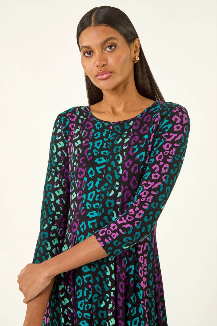 Roman Teal Animal Print Panel Stretch Dress
