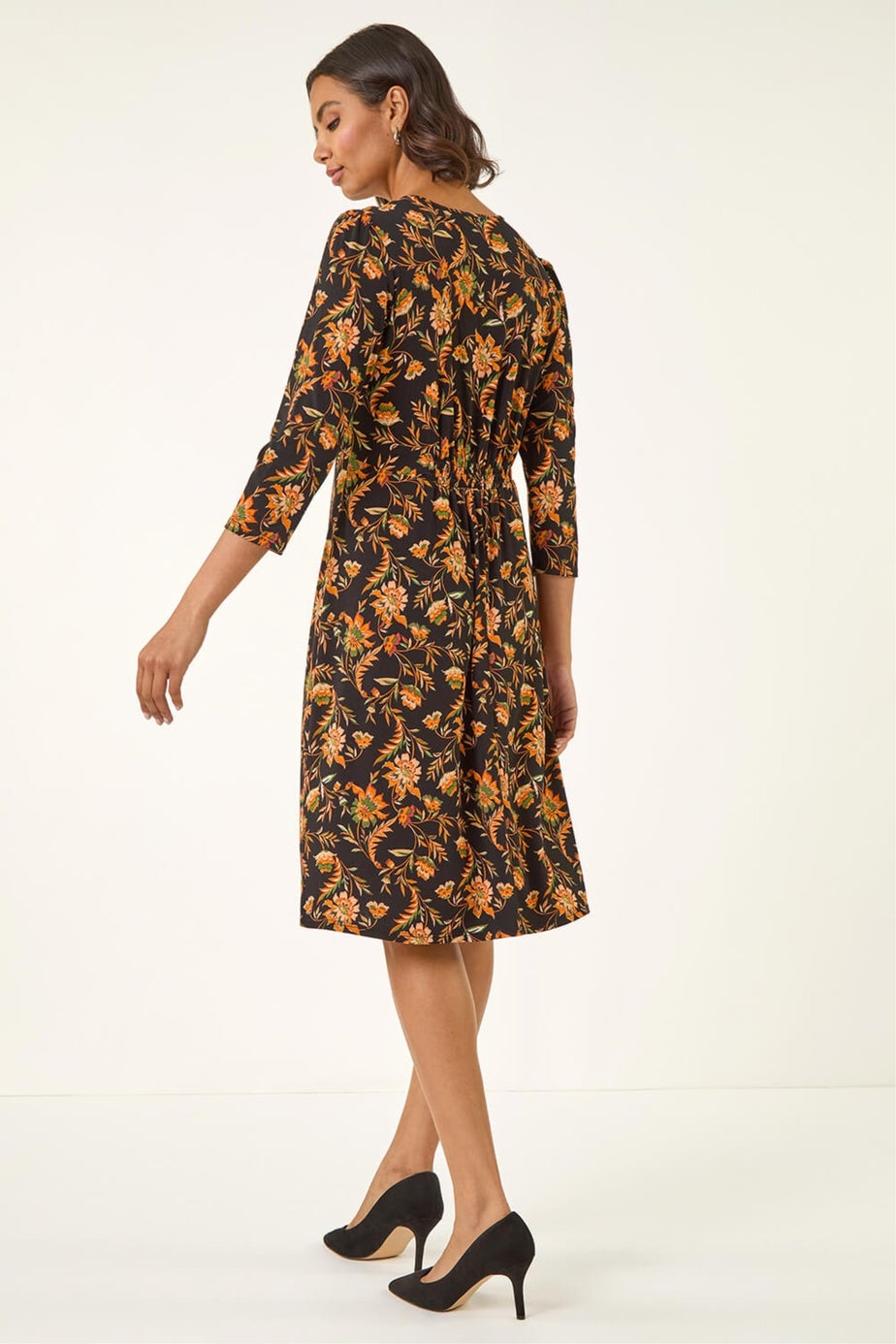 Roman Orange Floral Gathered Stretch Dress