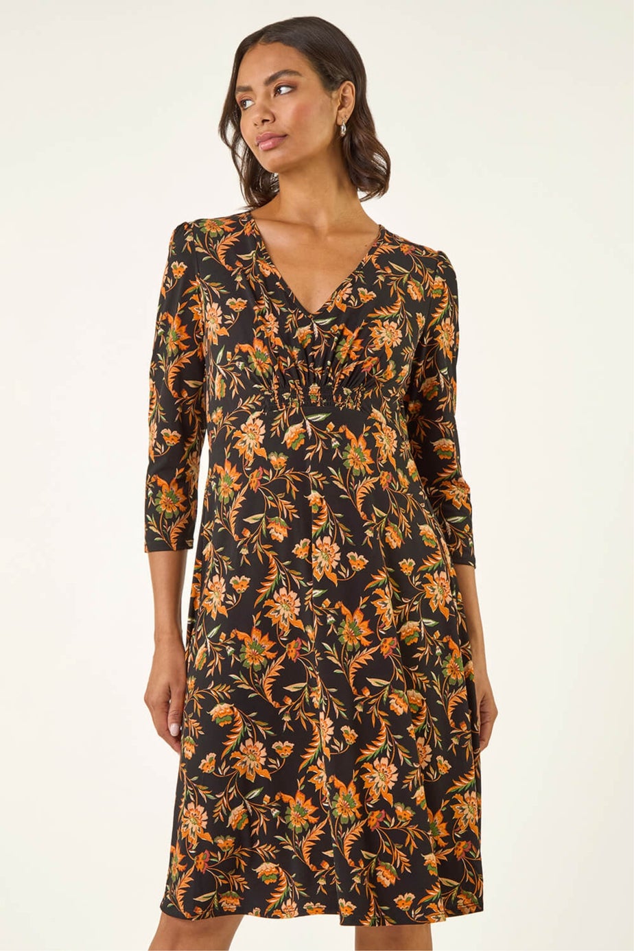 Roman Orange Floral Gathered Stretch Dress