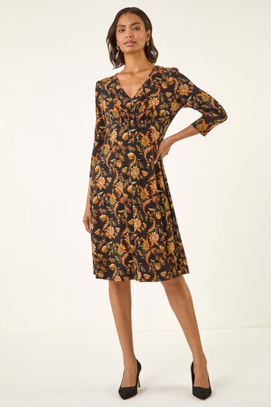 Roman Orange Floral Gathered Stretch Dress
