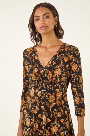 Roman Orange Floral Gathered Stretch Dress