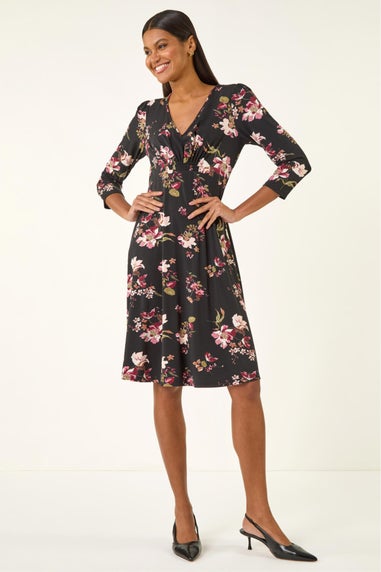 Roman Black Floral Gathered Stretch Dress