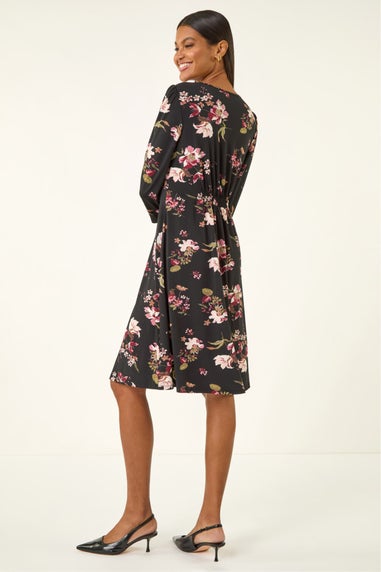 Roman Black Floral Gathered Stretch Dress