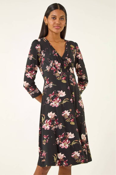Roman Black Floral Gathered Stretch Dress
