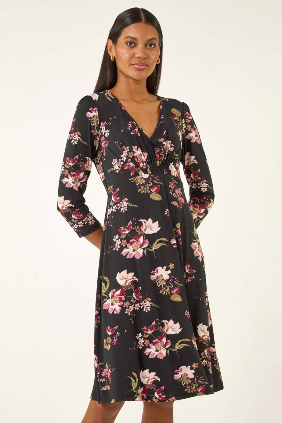 Roman Black Floral Gathered Stretch Dress