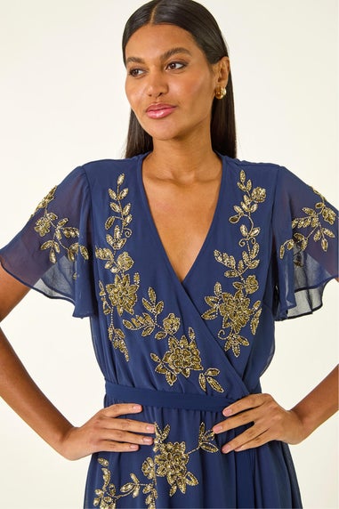 Roman Midnight Blue Premium Beaded Wrap Midi Dress