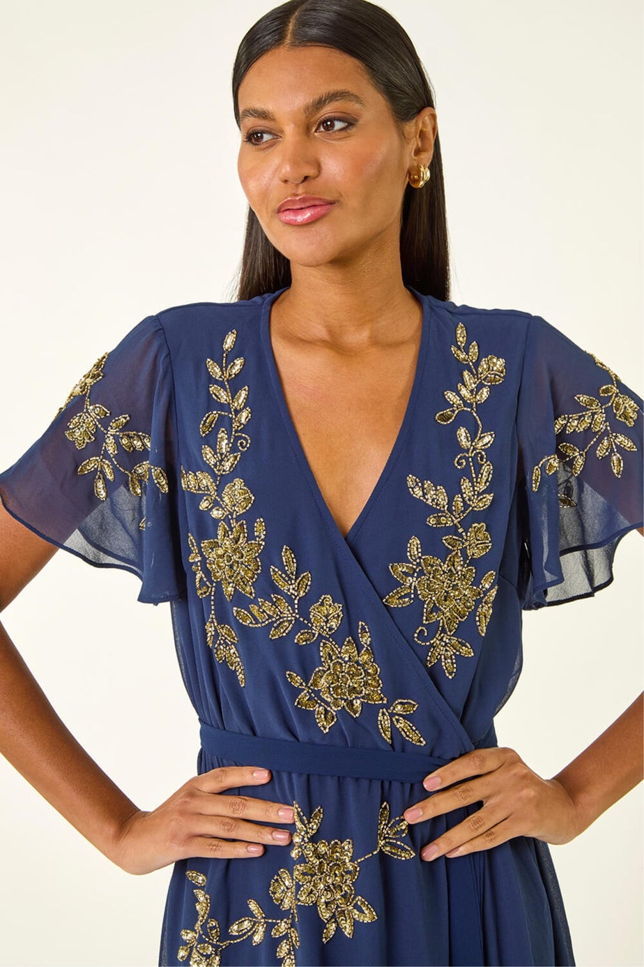 Roman Midnight Blue Premium Beaded Wrap Midi Dress