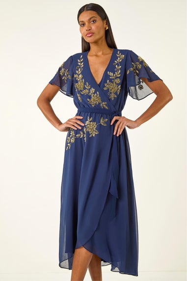 Roman Midnight Blue Premium Beaded Wrap Midi Dress