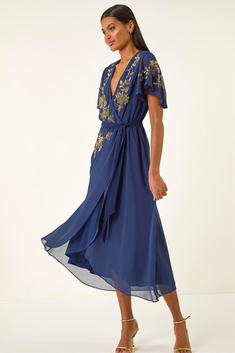 Roman Midnight Blue Premium Beaded Wrap Midi Dress