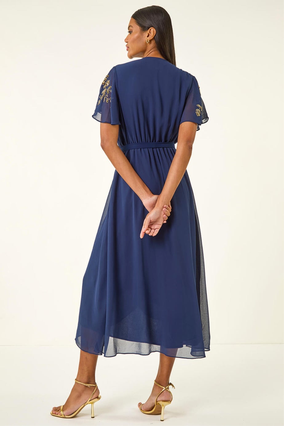 Roman Midnight Blue Premium Beaded Wrap Midi Dress