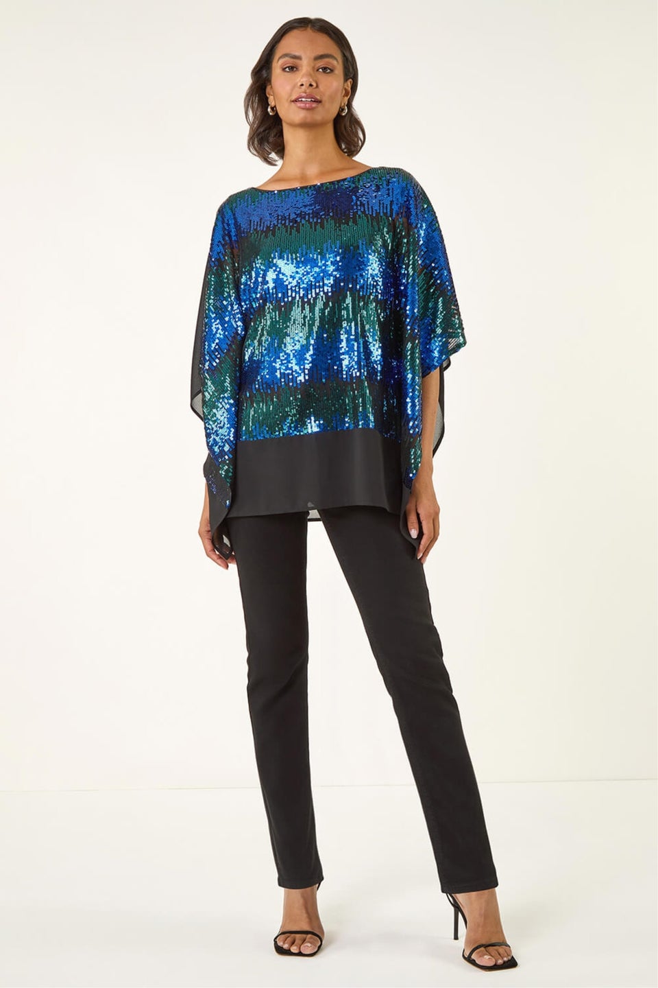 Roman Blue Ombre Sequin Mesh Chiffon Top