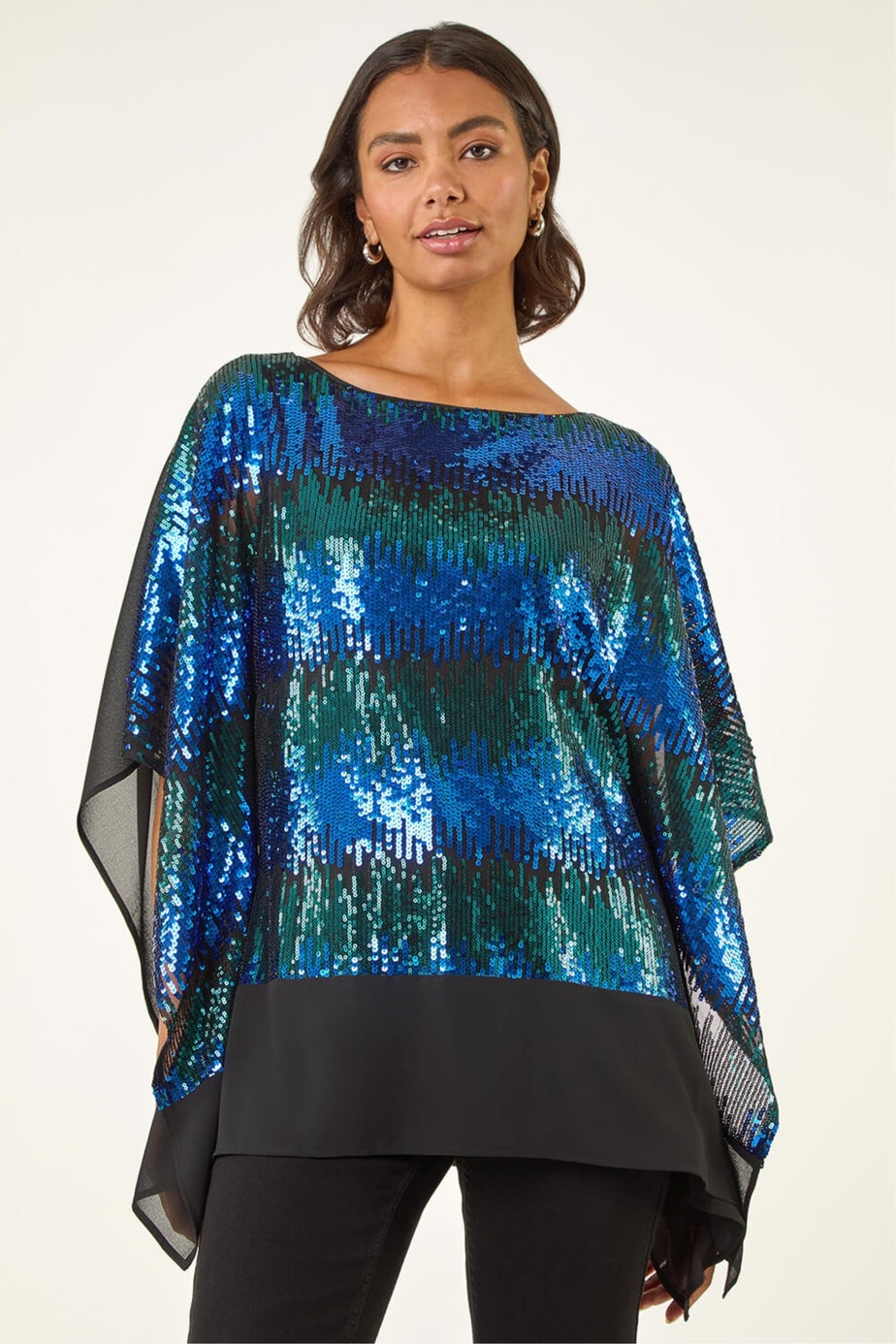 Roman Blue Ombre Sequin Mesh Chiffon Top