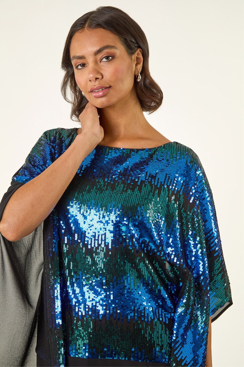 Roman Blue Ombre Sequin Mesh Chiffon Top