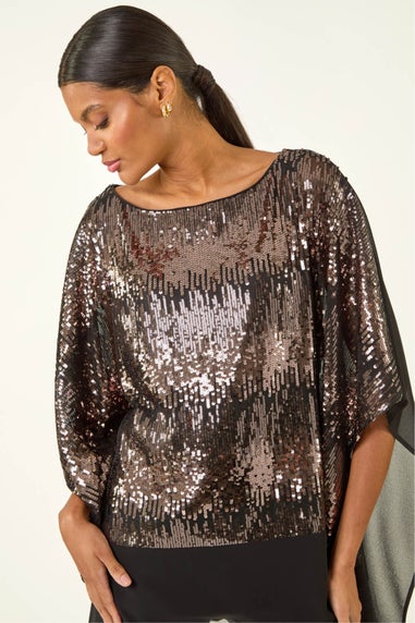 Roman Taupe Ombre Sequin Mesh Chiffon Top