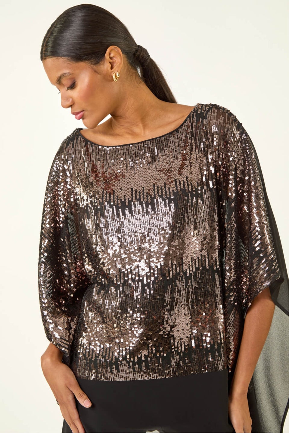 Roman Taupe Ombre Sequin Mesh Chiffon Top