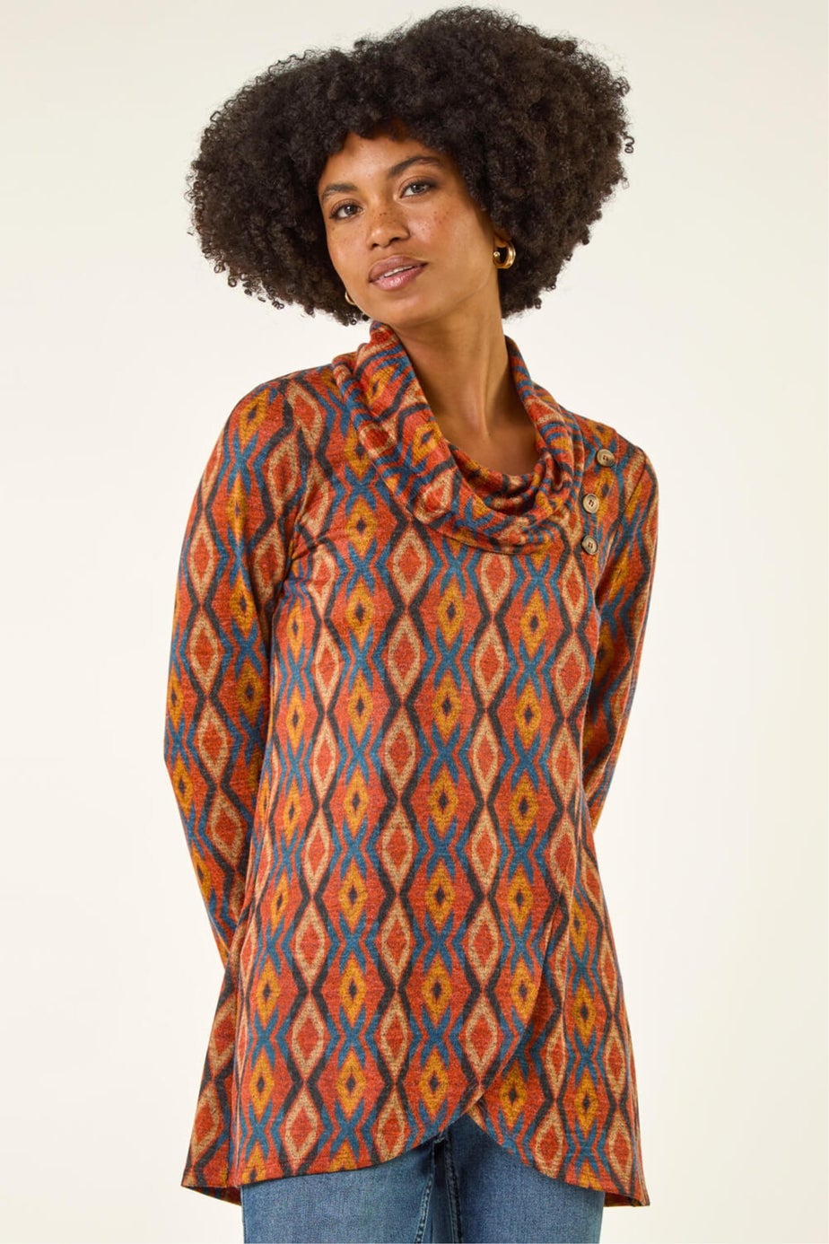 Roman Dark Orange Abstract Print Cowl Neck Top