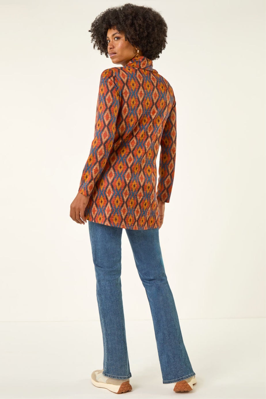 Roman Dark Orange Abstract Print Cowl Neck Top