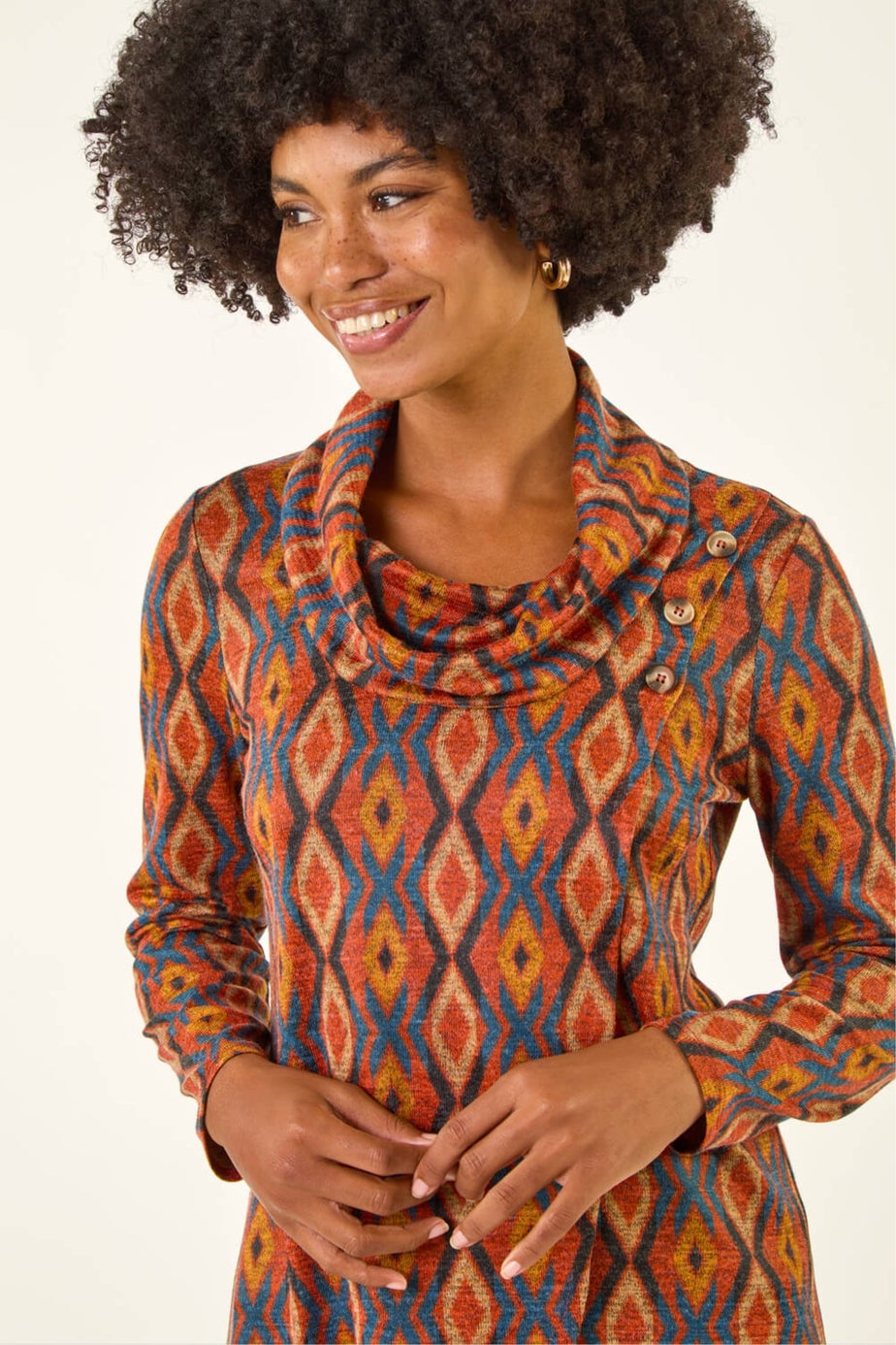 Roman Dark Orange Abstract Print Cowl Neck Top