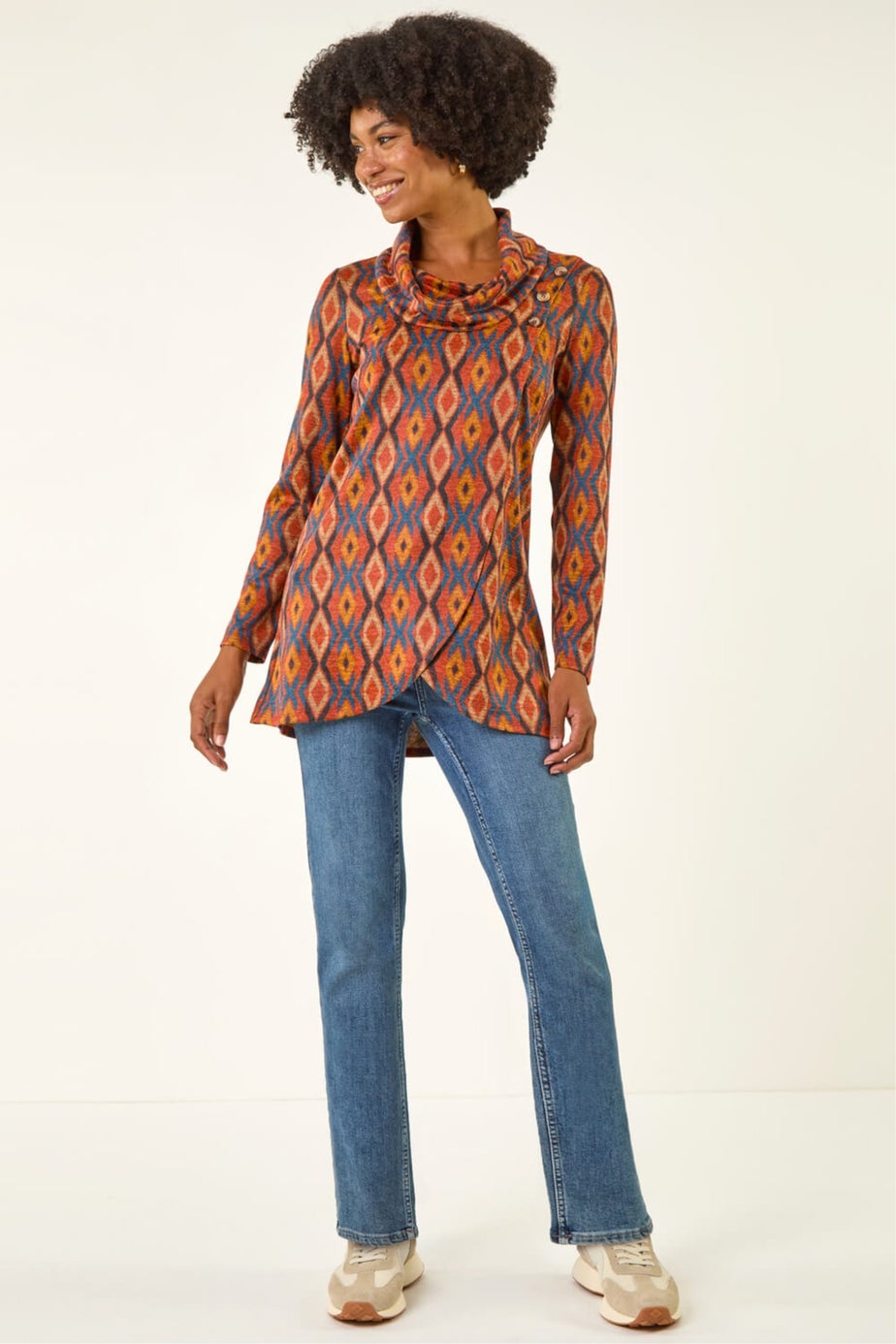 Roman Dark Orange Abstract Print Cowl Neck Top