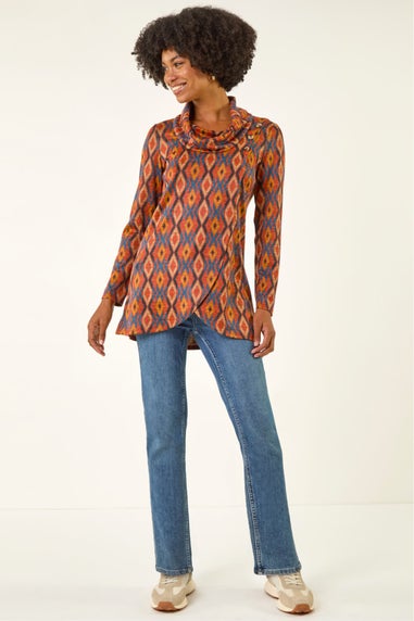 Roman Dark Orange Abstract Print Cowl Neck Top
