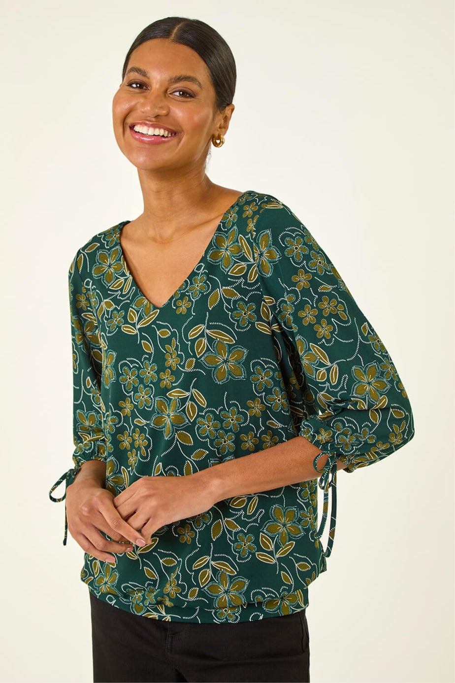 Roman Olive Floral V-Neck Stretch Top