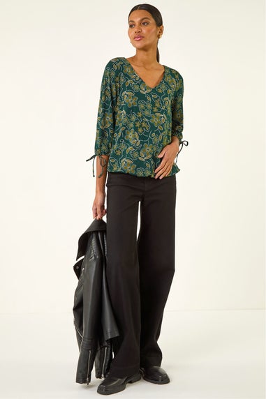 Roman Olive Floral V-Neck Stretch Top