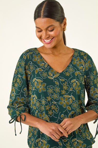 Roman Olive Floral V-Neck Stretch Top