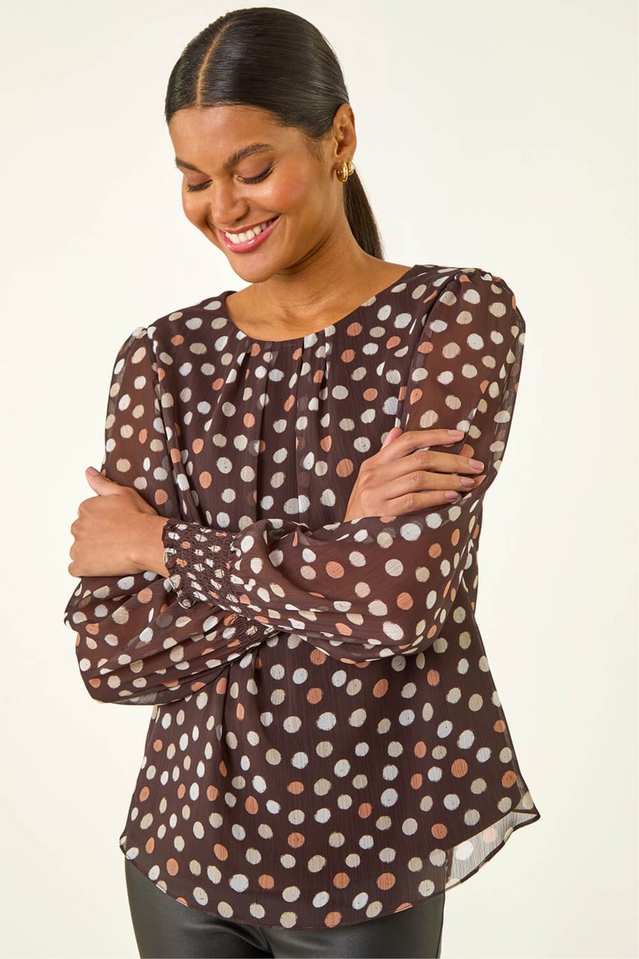 Roman Chocolate Spot Print Shirred Cuff Top