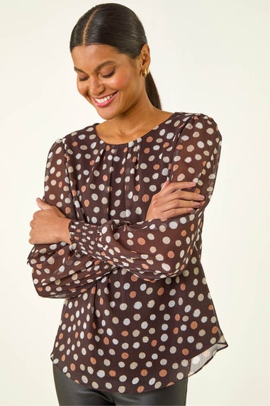 Roman Chocolate Spot Print Shirred Cuff Top