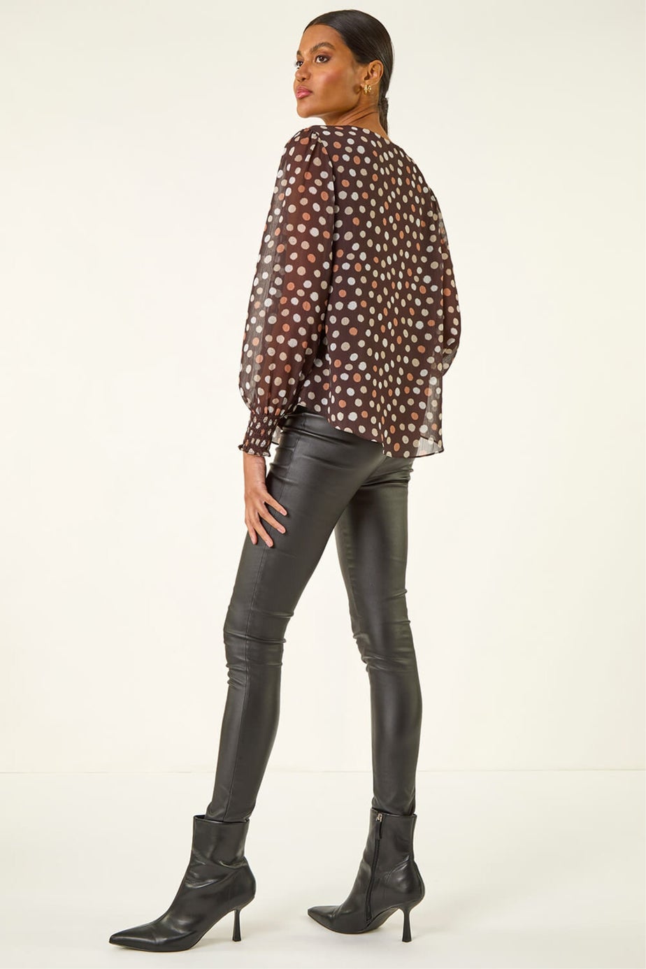 Roman Chocolate Spot Print Shirred Cuff Top